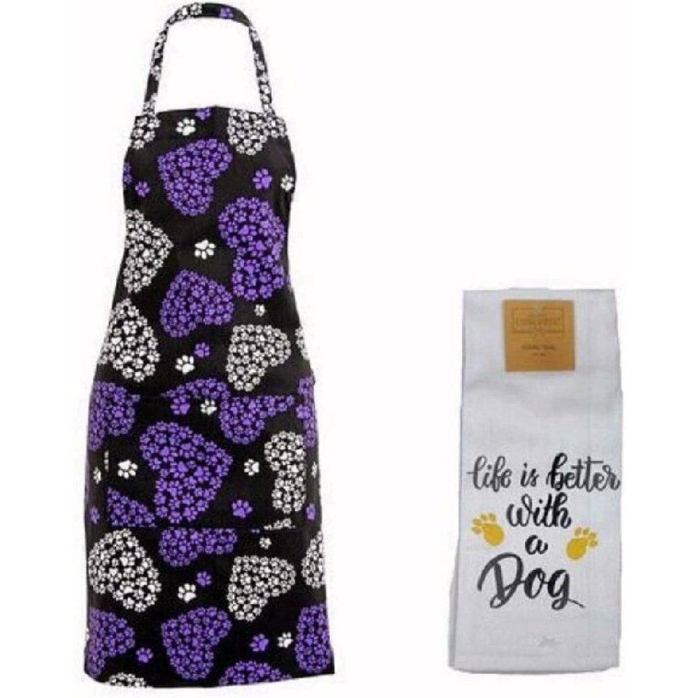 Colorful Paws in My Heart Kitchen Apron + Dog Lovers Kitchen Towel